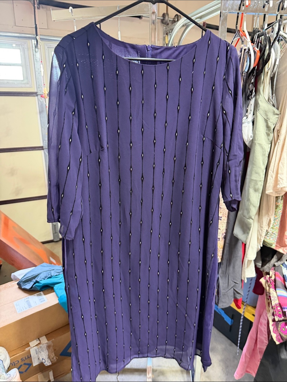 Classic Purple Long-Sleeve Beaded Shift Dress